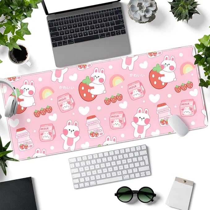 Cute Milk Rabbit Pattern Desk Mat Pink Mouse Pad Office Gaming Pink Cute Office Supplies Decor for Women Desk XL Computer Mouse Pad Accessories Desk Pad 31.5x11.8In with Stitched Eges