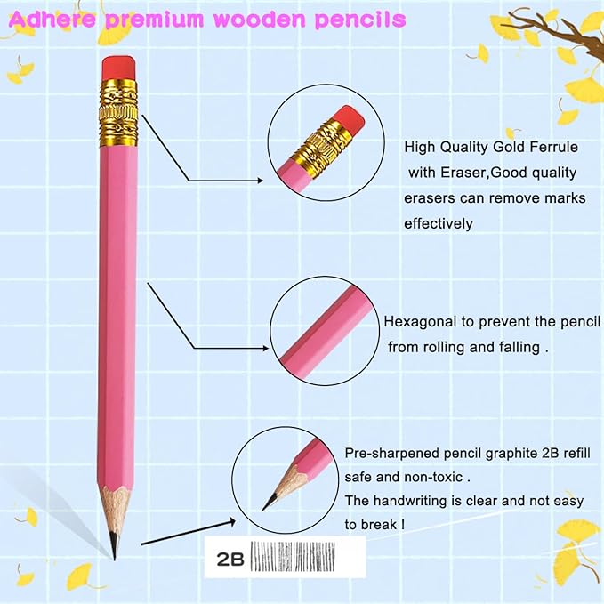Adhere 25pcs Golf Pencils with eraser Hexagon Wooden Pencils Graphite 2B for Golf Event Scoring,Classroom,Wedding,Company Meetings,Pew, Pocket (Pink)