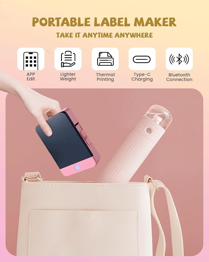 vretti Label Maker Machine with Tape, Easy to use, Mini Label Maker for Home and Office, Support Various Sizes, Clearly Prints for Organizing Office, Home, Kitchen, School (Pink)