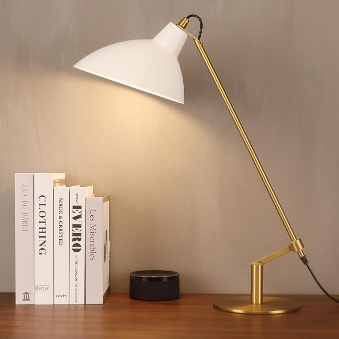 Desk Lamp Modern Industrial 100% Metal Table Lamp 22", Soft White Light (3000K) with Adjustable Switch, Ideal for Office Bedroom Study Room Living Room Nightstand Bedside Lamps White+Brass