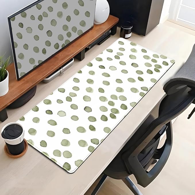 Cute Polka Dot Minimalist Green Keyboard Pad Simple & Atmospheric Desk Mat XL Large Mouse Pad for Women Office Desk Decor Desk Pad with Stitched Edges 31.5x11.8in, Computer Laptop Pad Gaming Mousepad