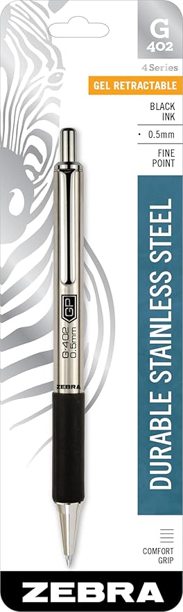 Zebra Pen G-402 Gel Pen 1-Pack, Black Ink, 0.5mm Fine Point, Stainless Steel Barrel, Comfortable Rubberized Grip, Secure Metal Clip, Shirt Pocket-Friendly (49211)