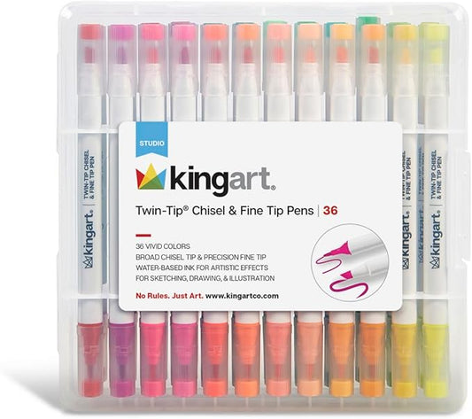 KINGART Chisel & Fine, Travel/Storage Case Dual Tip Markers, Assorted 36 Piece (408-36)