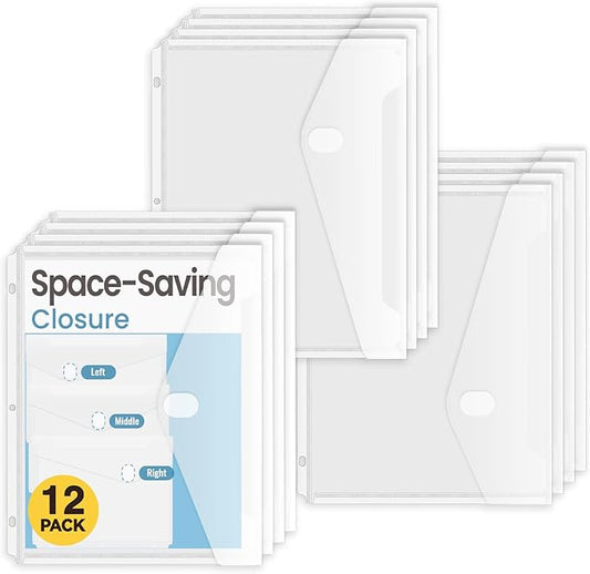 Sooez 12 Pack Space-Saving Binder Folders, Heavyweight Pockets, Clear Envelopes, Side Loading Organizer