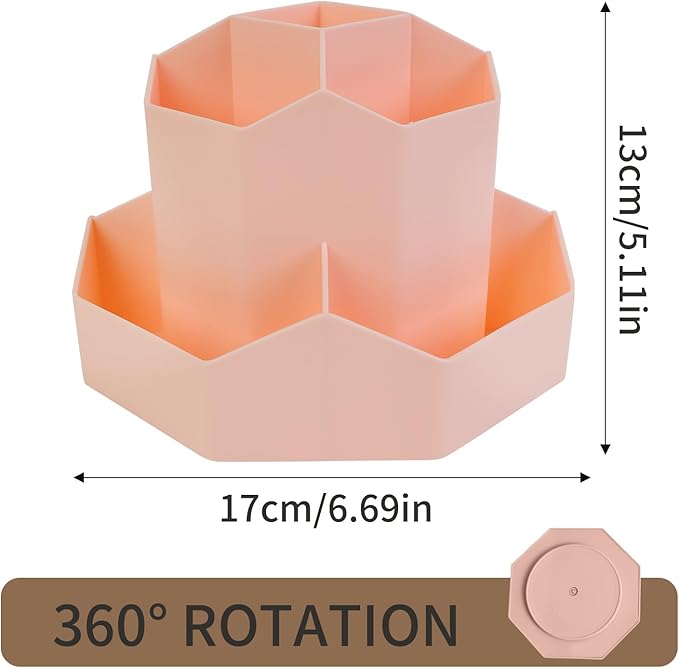 INSTOME Desktop Organizer with Pencil Holders,360°Rotating Pen Holder for Desk Organizer,9 Compartments and Makeup Brush Holders,Multifunctional Office Supplies for Home,Teachers and School (Pink)