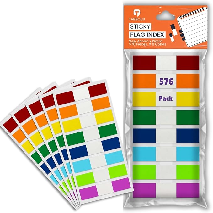 Tabsous 576 Sticky Tabs - Repositionable, Writable Index Tabs & Page Flags for Books, Files, and Notes - Transparent Colored Markers for Organizing, Highlighting, Classifying Documents (08 Colors)