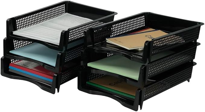 6-Pack Black Plastic Stackable Paper Tray/Basket, Stackable Office Lletter Organizer Desk Tray