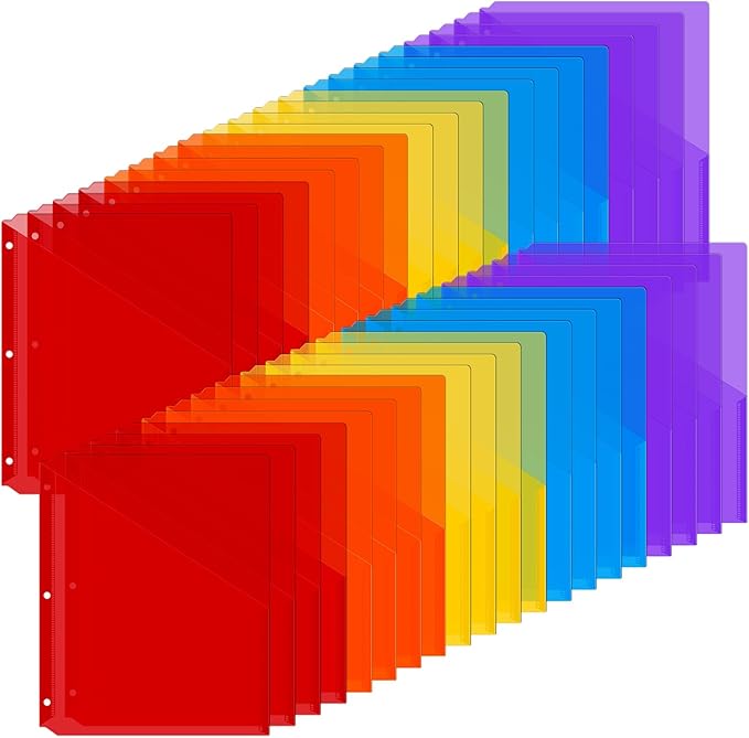Maitys 50 Pack Binder Pockets 3 Hole Punch Clear Plastic Document Folders Binder Organizer Store Letter Size 8.5x11 Inch Paper Folders with Pockets Slash File Jacket for Office (Multicolor)