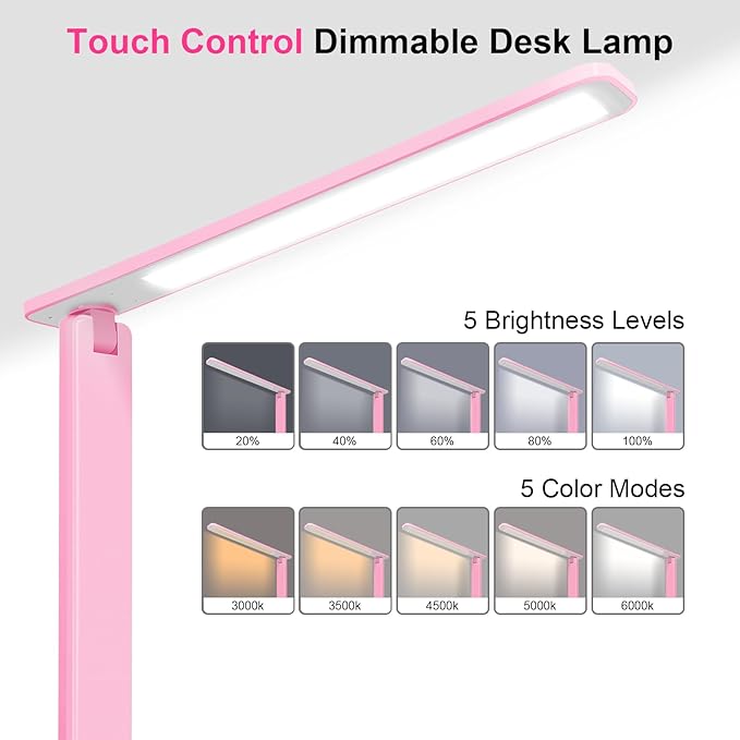 White crown LED Desk Lamp Dimmable Table Lamp Reading Lamp with USB Charging Port, 5 Lighting Modes, Sensitive Control, 30/60 Minutes Timer (Pink, First-Generation)