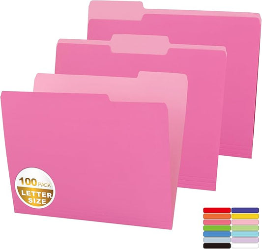Two Tone Color File Folder 8.5 x 11 Inch,100 Packs Pink File Folders,1/3 Cut Tabs File Folder Letter Size,Manila File Folders for Office,School and Home,Organization