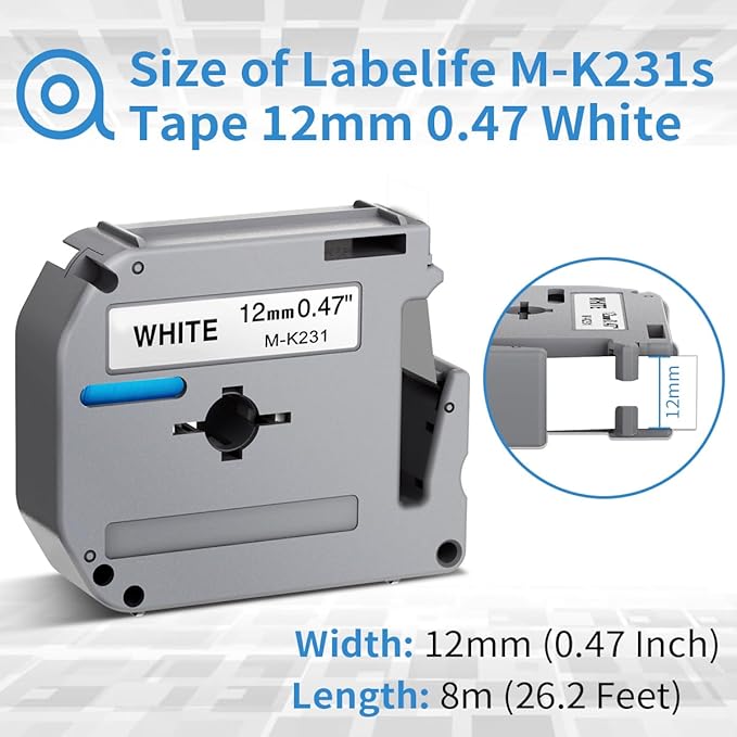 20 Pack Labelife M-K231 Label Tape Replacement for Brother P Touch M Tape 12mm 0.47 White M231 MK231 M-231 M-K231s Compatible for Brother Ptouch PT-65 PT-M95 PT-85 PT-75 Label Maker Refills