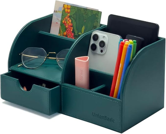 UnionBasic Desk Organizer - Multifunctional Leather Desktop Pen Holder Storage Box - Business Card/Pen/Pencil/Mobile Phone/Stationery Holder, Vintage Green