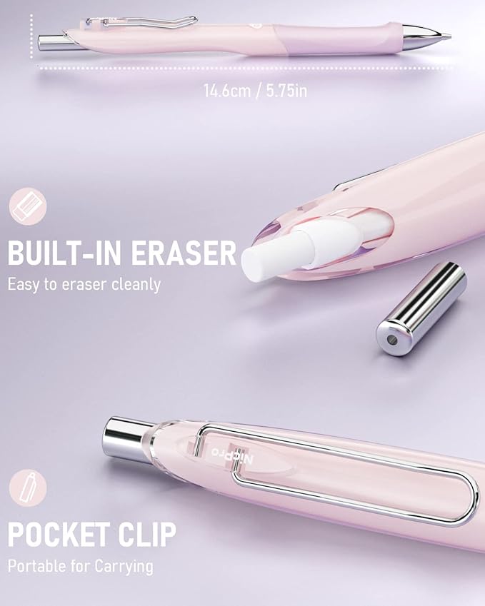 Nicpro 6PCS Pastel Mechanical Pencil Set 0.9 mm, Cute Mechanical Pencils 0.9 with Comfort Grip with 12 Tube HB Lead Refill, 3 Eraser, 9 Eraser Refill for Student Writing, Drawing, Sketching- with Case