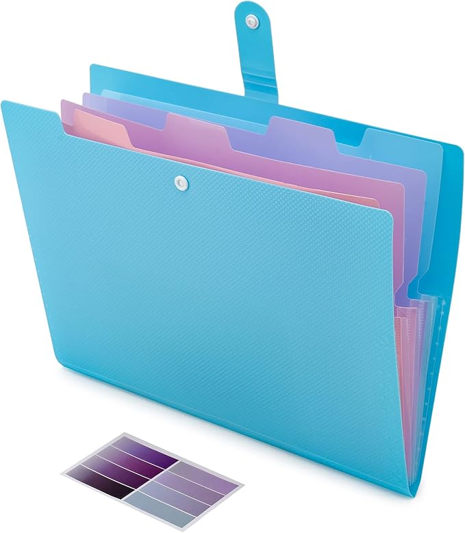 NAFY Colorful Expanding File Folder, 5 Pockets Folder with Colored Labels Portable Weave Pattern Accordion File Folder A4 Letter Size Project Organizer Document Folder for Office School (Blue)