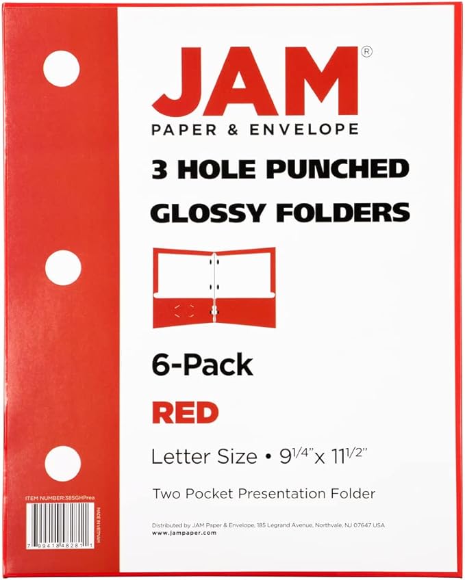 JAM PAPER Laminated Two Pocket Glossy 3 Hole Punch School Folders - Letter Size - High Gloss Red - 6/Pack