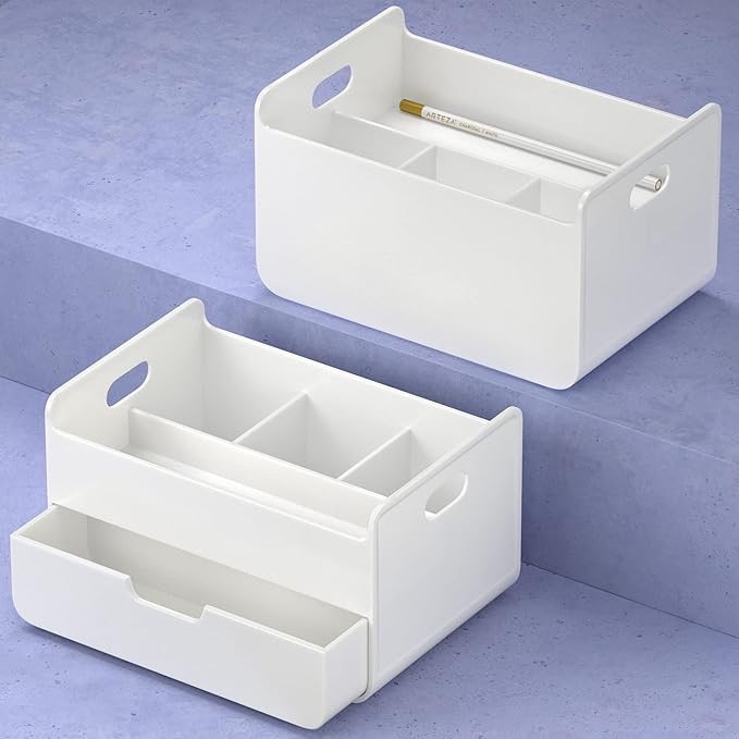 ARTEZA Small Desk Organizer with Drawer – Portable White Caddy with Pen Holder, Lightweight Office Supply Storage for Desk, Classroom, or Dorm