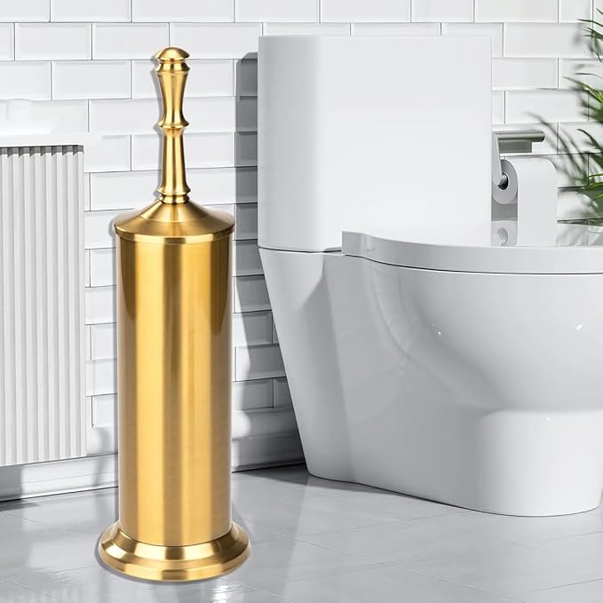 J&V TEXTILES Industrial Toilet Brush, Toilet Bowl Brush with Extra Long Handle Durable Bristles Toilet Scrubber and Covered Holder for Toilet Brush Set (Aged Brass)