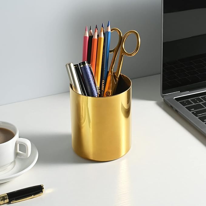 Gold Pencil Holder for Desk, 304 Stainless Steel Pencil Cup, Pen Holder Cup, Pen Pot, Makeup Brush Holder, Desktop Accessory Stationery Organizer