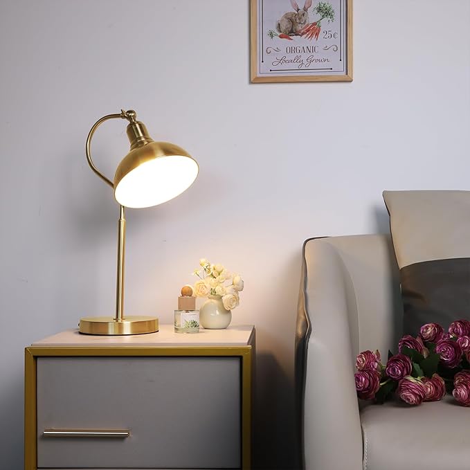 Gold Desk Lamp with 59” Plug in Cord On/Off Switch, Adjustable Table Lamp for Bedroom, Coffee, Dorm Lighting Decor (E14 Bulbs not Included)