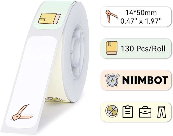 NIIMBOT D11 Label Maker Tape D110, 130 Labels/Roll, White, 14 X 50mm, Thermal Label Tape for School, Household, Office, Multi-purpose