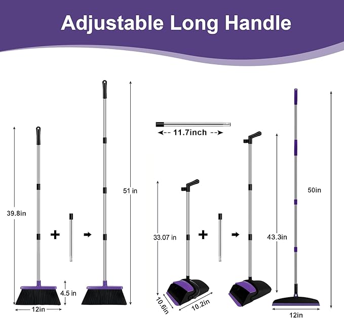 UDUK Broom with Dustpan Combo Set and Silicone Air Broom Kit, 51" Long Handle Floor Squeegee, Purple Household Kit for Glass Window Rugs Pet Hair Home