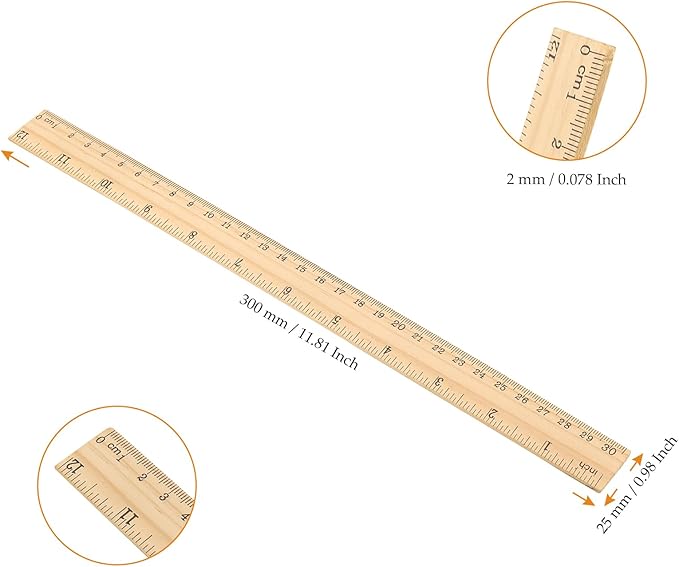 144 Pack Wooden Ruler, 12 Inch Straight, 30cm Metric Wood With Centimeters and Inches for Measuring, Office, 2 Scale