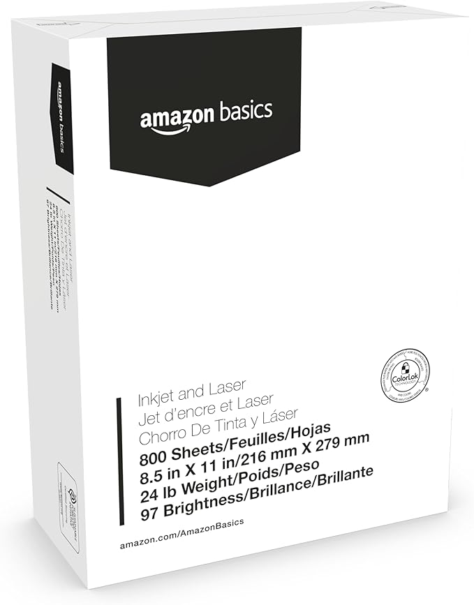 Amazon Basics Multipurpose Copy Printer Paper, 8.5 x 11 Inches , 24 lb, 1 Mega Ream, (800 Sheets), 97 Bright, White