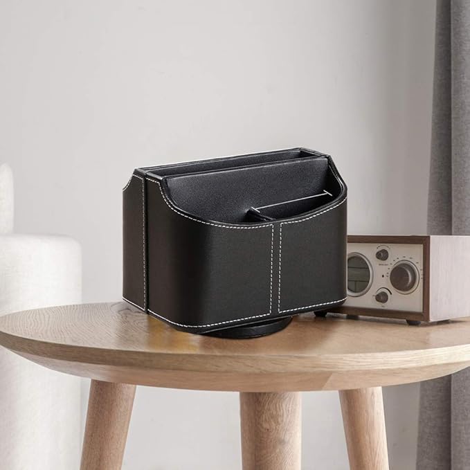 PU Leather Remote Control Holder,360 Degree Spinning Desk TV Remote Caddy,Desk Organizers and Accessories,for Controller,Media,Mail,Calculator,Mobile Phone,Pen Storage Holder(Black)