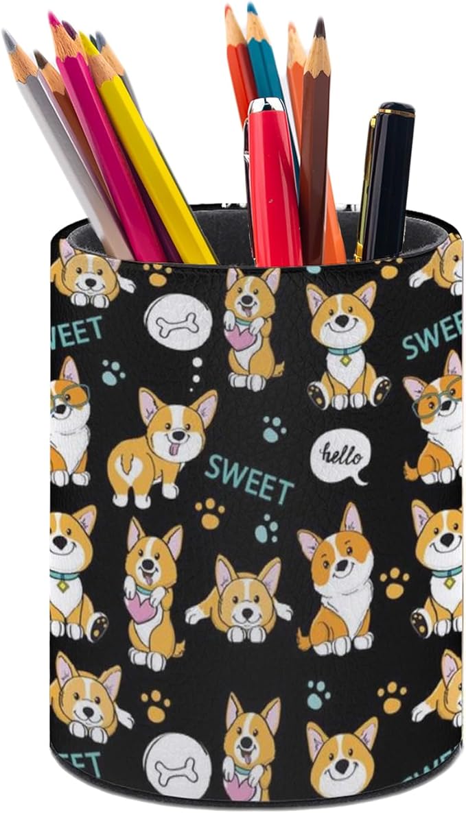 Cute Corgi Pen Holder Pencil Organizer Cute Pencil Cup Desk Decor Makeup Brush Holder PU Multifunctional Office Suppliesfor Home Classroom School