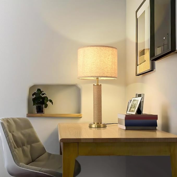 Boho Table Lamp for Bedroom, Brass Gold Wicker Table Lamp, Suitable for Small Space, Farmhouse Boho Lamp, Rustic Design Desk Lamp for Kitchen Counter, Bedside, Bedroom, Nightstands Decor