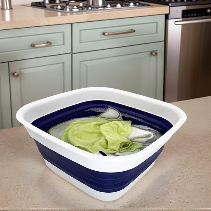 SAMMART 8L (2.1 Gallon) Collapsible Tub - Foldable Dish Tub - Portable Washing Basin - Space Saving Plastic Washtub (White/Navy Blue)