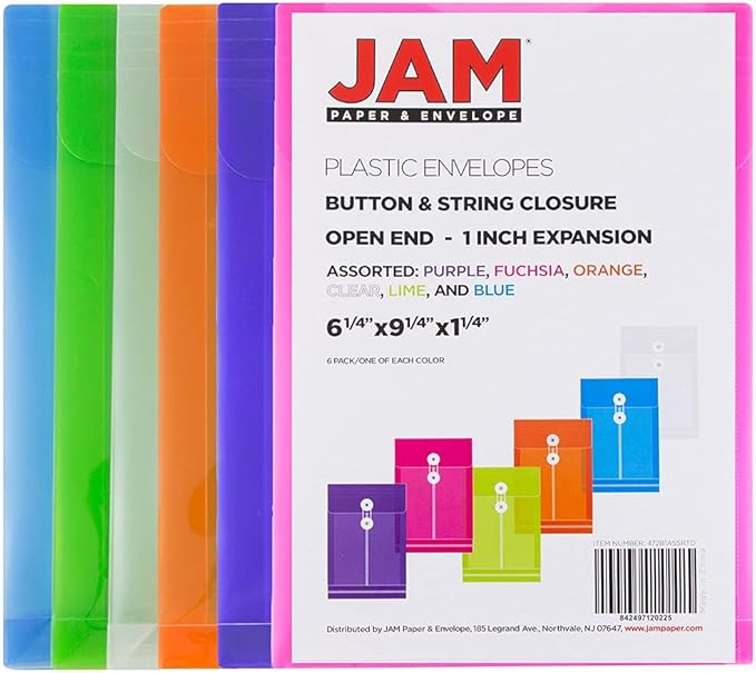 JAM PAPER Plastic Envelopes with Button & String Tie Closure - 6 1/4 x 9 1/4 - Assorted Colors - 6/Pack