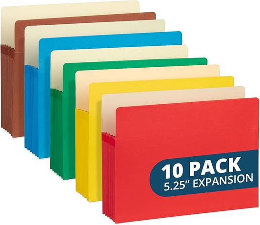 Blue Summit 10 Expanding File Pockets, Accordion File Folders Letter Size, 5.25” Expandable Pockets, Assorted Colors