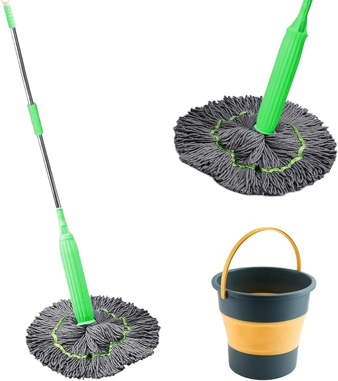 Japelessor New 2 in 1 Dehydrated Mop, Self-Wringing Twist Mops for Floor Cleaning with Folding Bucket, 360 Degree Spin Round Wall Cleaning Wet and Dry Mop, for Hardwood, Vinyl, Tile Cleaning