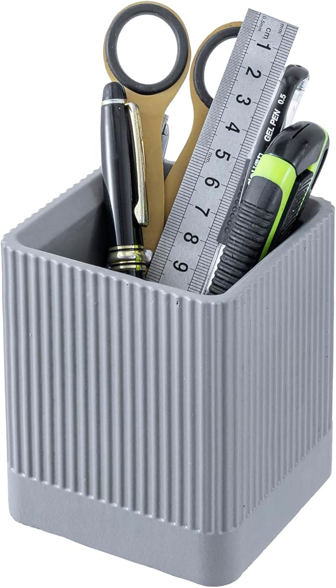 MyGift Fluted Gray Concrete Pen Holder for Desk – Modern Office Stationery Organizer for Pens, Pencils, and Supplies