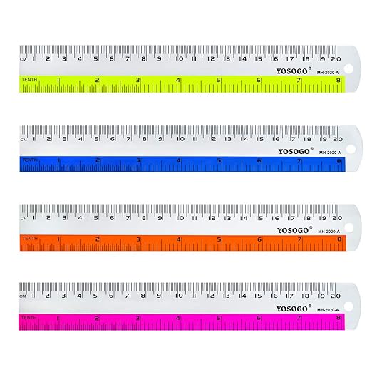 8 Inch / 20 cm Assorted Color Aluminum Ruler in Inch and CM Scale with Hanging Hole | Pack of 6
