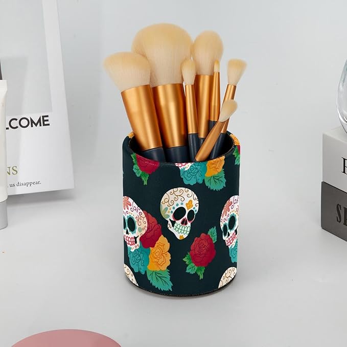 Watercolor Pattern Skull and Flowers Pen Holder Cup for Desk, Pencil Cup Holder for Desk Office Pen Organizer