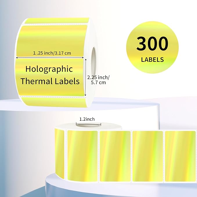 2.25"x1.25" Direct Thermal Labels, Holographic Thermal Printer Labels for Barcode, Self-Adhesive Address Shipping Thermal Label Stickers-1 Roll, 300 Labels, Holographic Yellow