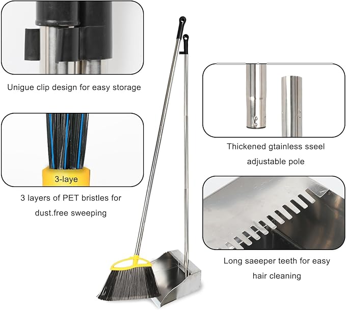 GLOHOO Broom and Dustpan Set, Outdoor Heavy Duty Broom with Stainless Steel Dustpan,Stiff Bristles Broom and Metal Dust Pan for Home