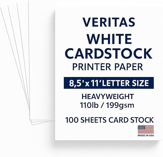 Veritas White Cardstock Printer Paper, 8.5” x 11” Letter Size, Heavyweight Card Stock, 110lb/199gsm, 100 Sheets, Thick Cardstock for Copy, Business Cards Making, Office Printing, Made In USA