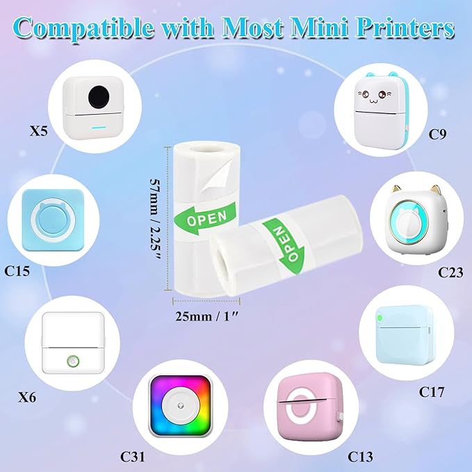 15 Rolls Mini Sticker Paper, Thermal Sticker Paper for Sticker Maker, Self-Adhesive Sticker Printer Paper, 57 x 25 mm, Compatible with Most Receipt Printers