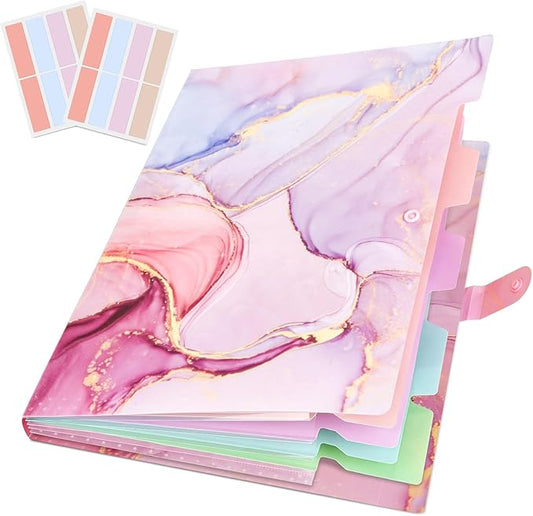 Expanding File Folder, Aesthetic Folders for School, Accordion File Organizer, Aesthetic Folder with Labels,5 Pockets Important Document Folders for School Office Home(Pink Gold)