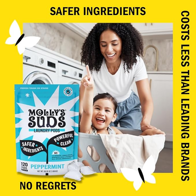 Molly's Suds Laundry Detergent Pods | Clean Detergent for Sensitive Skin | Ultra Concentrated and Stain Fighting | Peppermint - 120 Count (Value Pack)