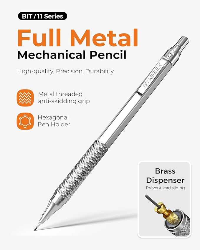 Metal Mechanical Pencil Set in Leather Case, 5PCS Art Drafting Pencil 0.3, 0.5, 0.7, 0.9 & 2mm Lead Holder, 9 Tube (4B 2B HB 2H Colors) Lead Refills for Drawing, Sketching, Writing (Silver)