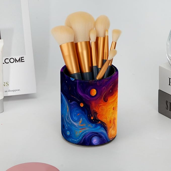Leather Pen Holder for Desk Abstract Universe Galaxy Pencil Cup Desktop Organizer Makeup Brush Holders Office Supplies for Home, Kids & School