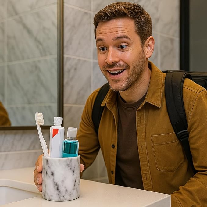 Creative Home Solid Natural Marble Pen Holder – Heavyweight Pencil Cup Organizer for Desk, Vanity, or Bathroom, 3.3" Diameter x 4.5" Height, Off-White with Unique Stone Patterns