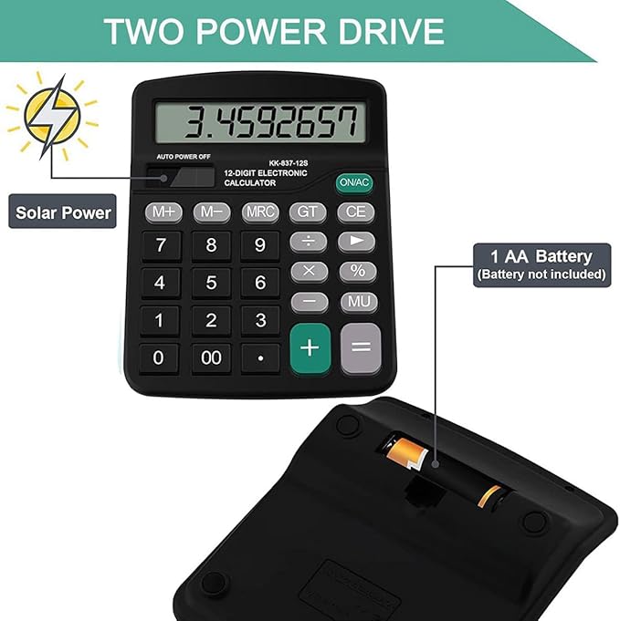 Office Desk Calculator - Dual Power Simple Financial Calculator with Big Button Large Display for Office, Home & School (Black)
