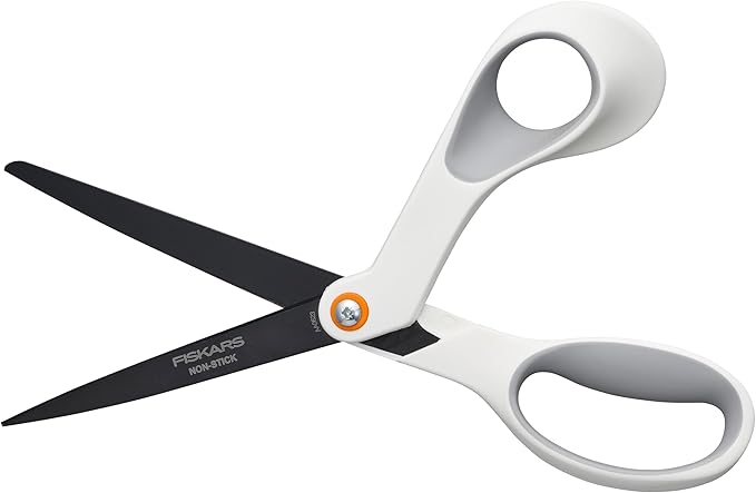 Fiskars 8” Premium Non-Stick Comfort Grip Scissors Ideal for Sticky Materials like Vinyl, Tape, and Glue, with Ergonomic Bent Handles for Precise Tabletop Cutting