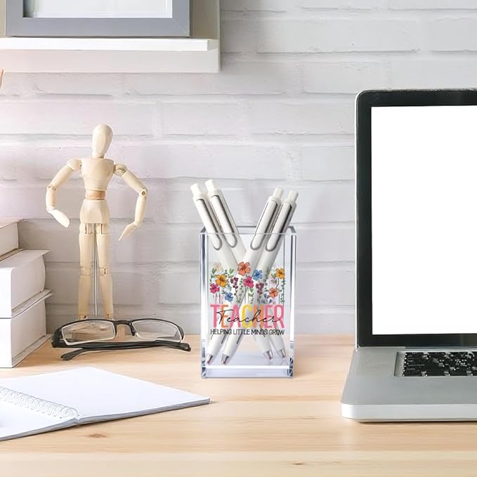 Teacher Helping Little Minds Grow Acrylic Cosmetic Pencil Pen Holder Cup, Cute Teacher Pen Holder Cup, Back to School Gifts, Graduation Appreciation Gifts for Women Men Teacher