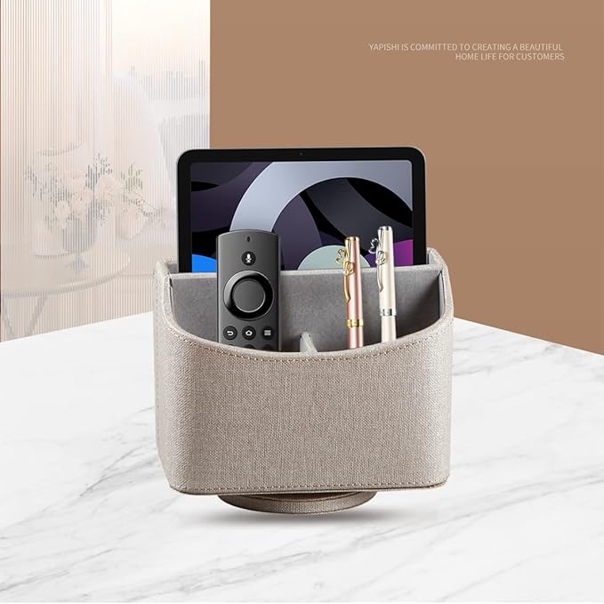 Remote Control Holder, Swivel Desk Organizer and Decorations for Living Room, Bedside Table Organizer Remotes Caddy for TV Controllers/ Stationery/ Art Supplies/ Pen, PU Leather Room Decor Aesthtic